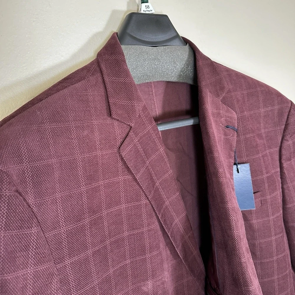 Stafford Mens 60 Long Sport Coat Burgundy Windowpane Cotton Big & Tall Blazer